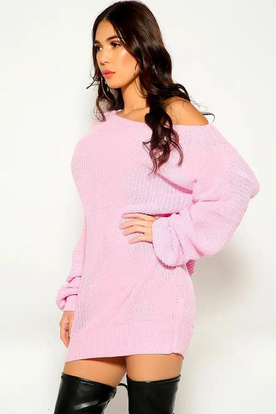 Pink Long Sleeve Knitted Sweater Dress - AMIClubwear