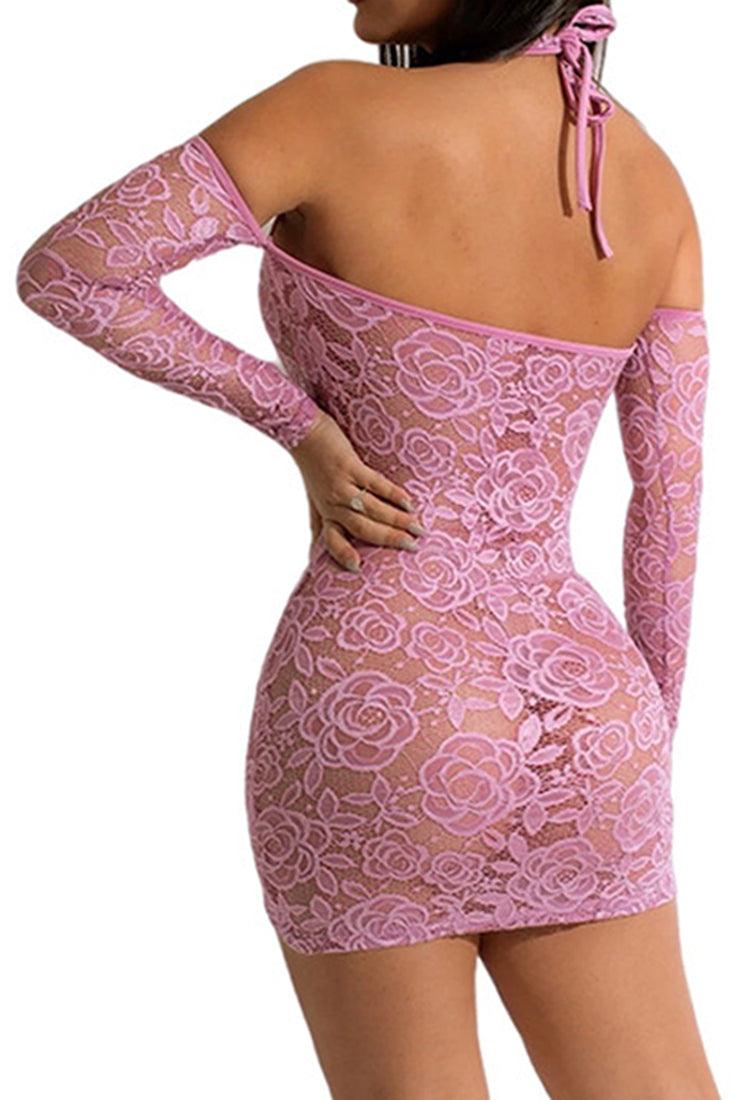 Pink Long Sleeve Lace Embroidered Halter Party Dress - AMIClubwear
