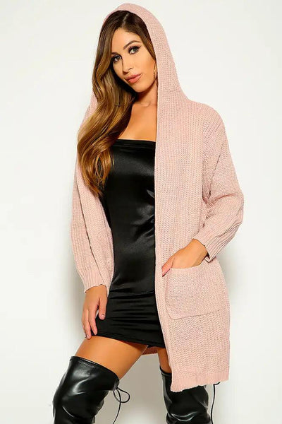 Pink Long Sleeve Lace Up Hooded Cardigan - AMIClubwear