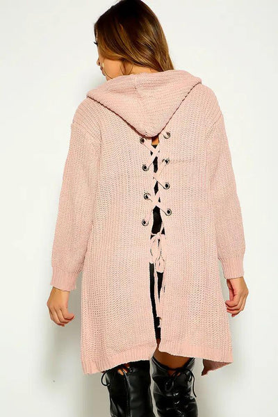 Pink Long Sleeve Lace Up Hooded Cardigan - AMIClubwear