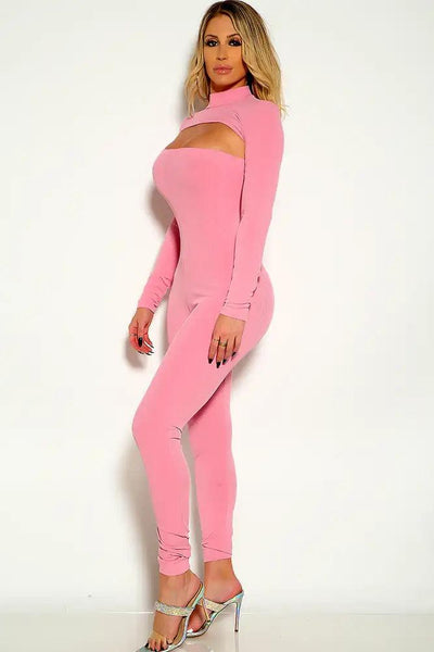 Pink Long Sleeve Mock Neck Ribbed HIgh Rise Two Piece Outfit - AMIClubwear