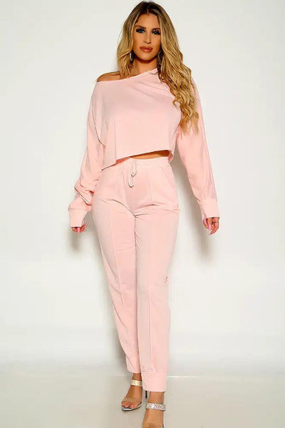 Pink Long Sleeve Off One Shoulder Sexy Two Piece Outfit - AMIClubwear