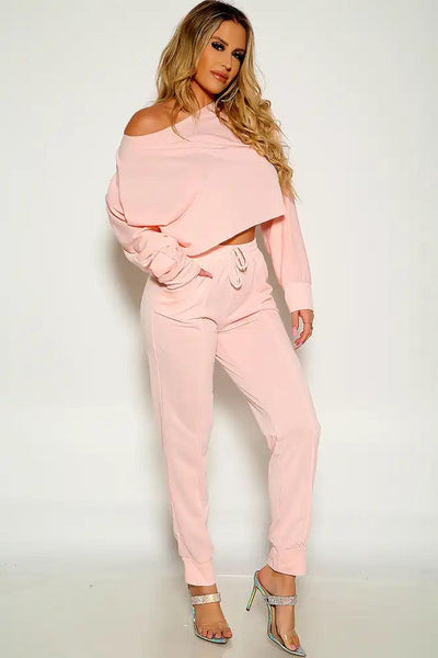 Pink Long Sleeve Off One Shoulder Sexy Two Piece Outfit - AMIClubwear