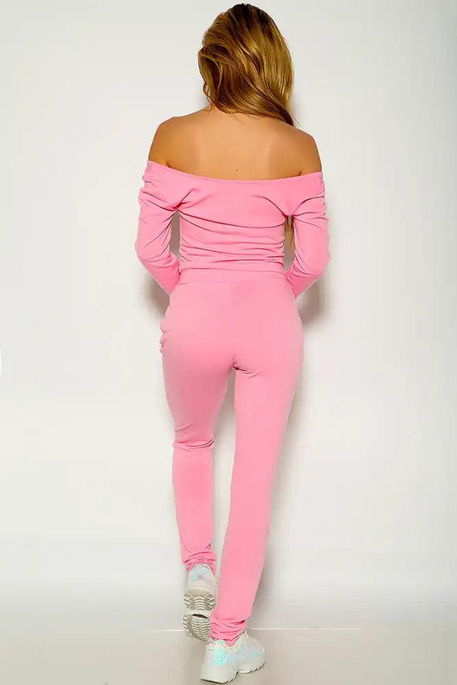 Pink Long Sleeve Off The Shoulder Lounge Wear Outfit - AMIClubwear