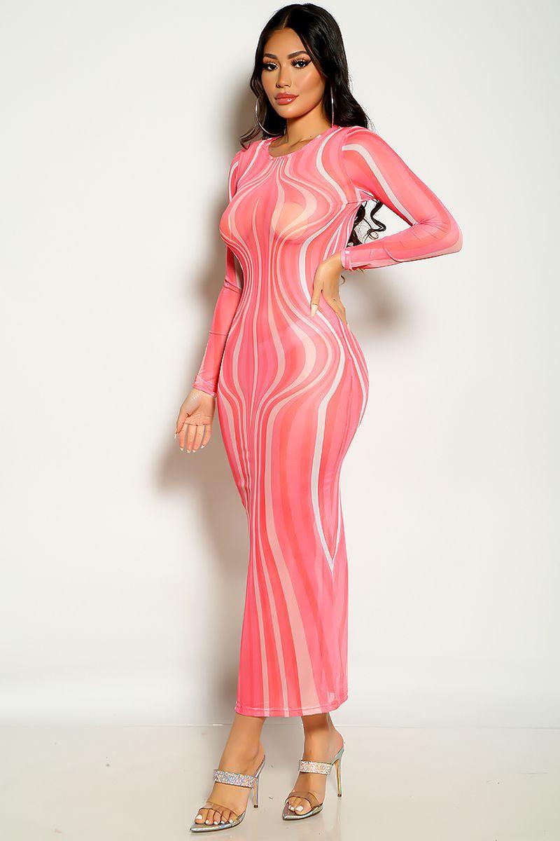 Pink Long Sleeve Optical Illusions Print Design Mesh Party Dress - AMIClubwear