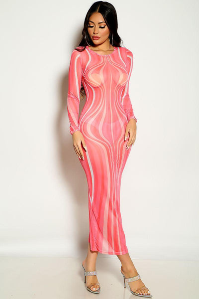 Pink Long Sleeve Optical Illusions Print Design Mesh Party Dress - AMIClubwear