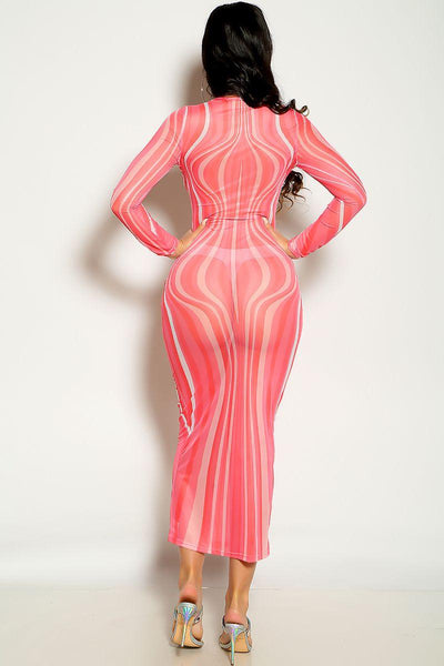 Pink Long Sleeve Optical Illusions Print Design Mesh Party Dress - AMIClubwear