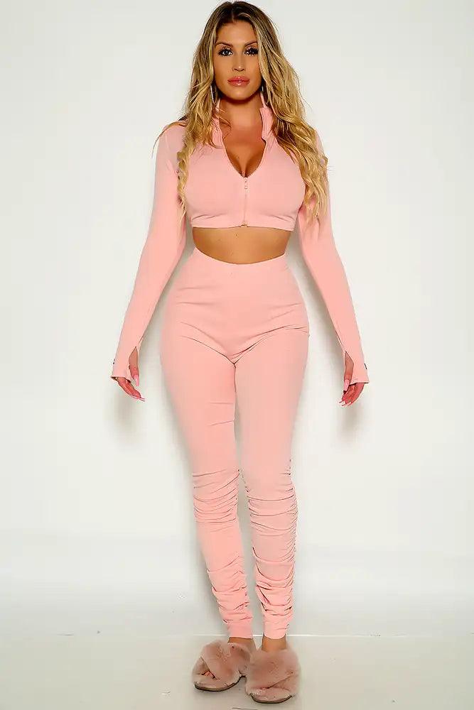 Pink Long Sleeve Ribbed Cropped Two Piece Lounge Wear Set - AMIClubwear