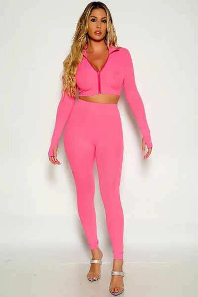 Pink Long Sleeve Ribbed Cropped Zip Up Two Piece Lounge Wear Set - AMIClubwear