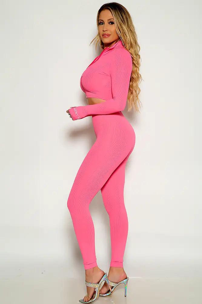Pink Long Sleeve Ribbed Cropped Zip Up Two Piece Lounge Wear Set - AMIClubwear
