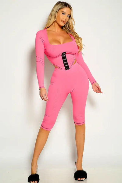 Pink Long Sleeve Ribbed Hook And Eye Detail Two Piece Outfit - AMIClubwear