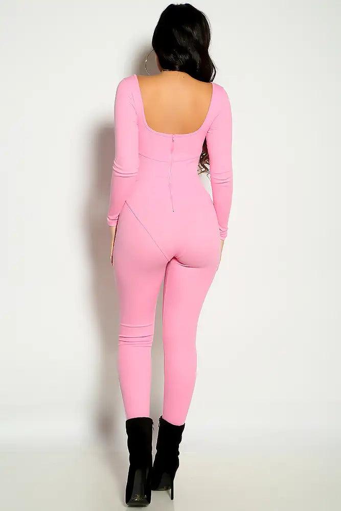 Pink Long Sleeve Ribbed Zip Up Corset Piping Fitted Jumpsuit - AMIClubwear