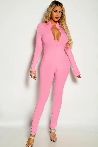 Pink Long Sleeve Ribbed Zip Up Fitted Jumpsuit - AMIClubwear