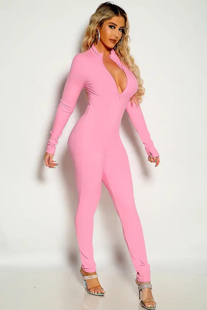 Pink Long Sleeve Ribbed Zip Up Fitted Jumpsuit - AMIClubwear