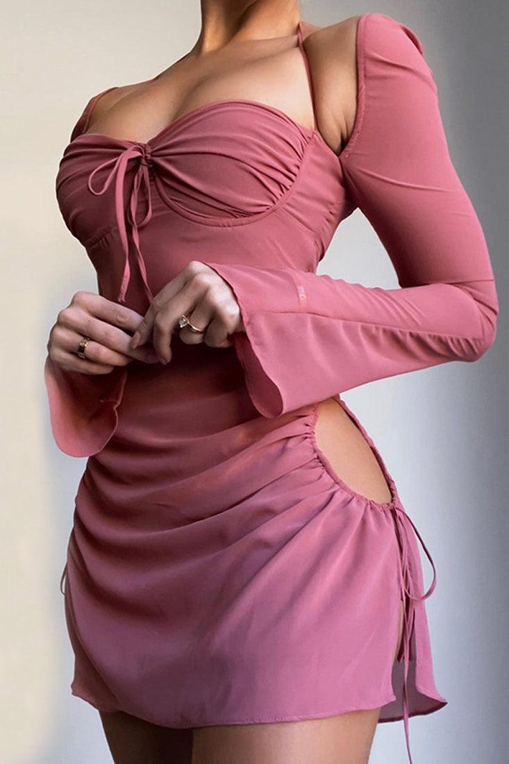 Pink Long Sleeve Ruched Sexy Party Dress - AMIClubwear