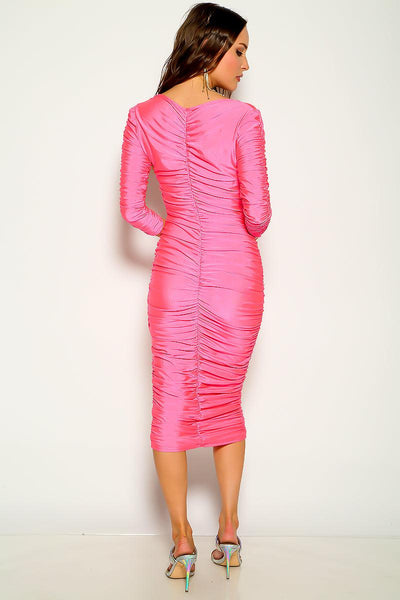 Pink Long Sleeve Ruched Sexy Party Dress - AMIClubwear