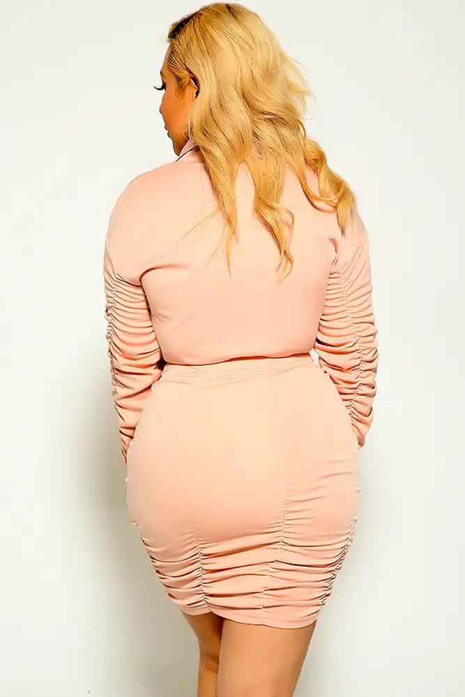 Pink Long Sleeve Ruched two Piece Plus Size Dress - AMIClubwear