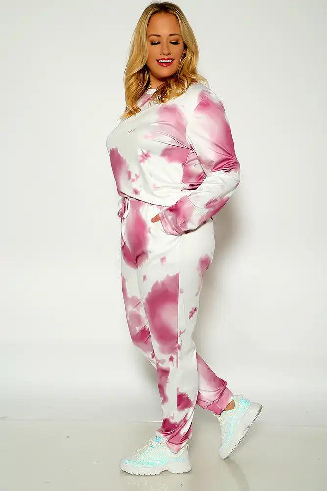 Pink Long Sleeve Tie Dye Plus Size Two Piece Outfit - AMIClubwear