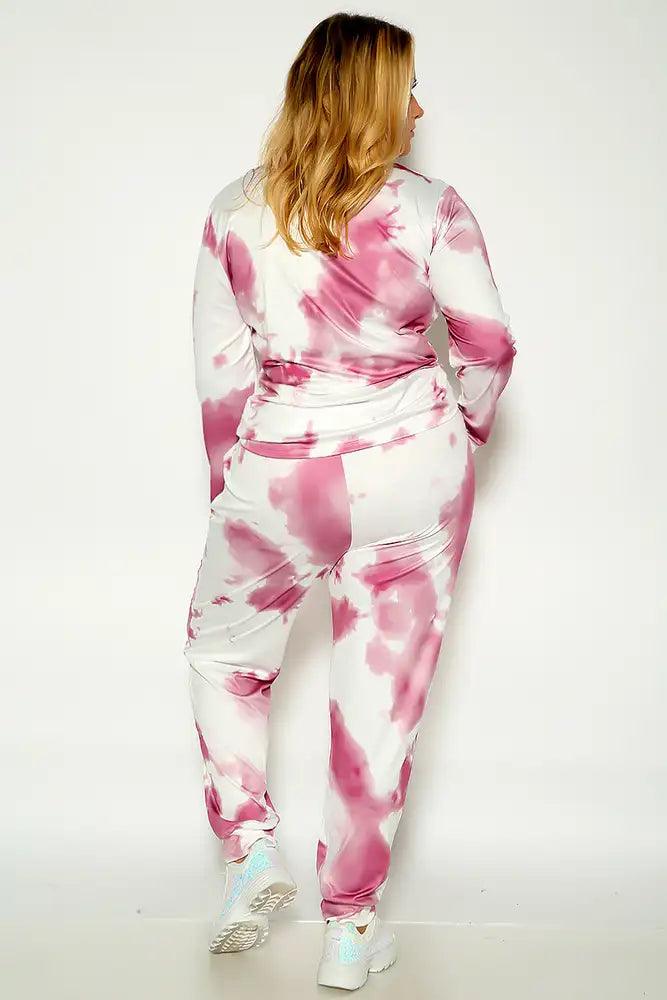 Pink Long Sleeve Tie Dye Plus Size Two Piece Outfit - AMIClubwear