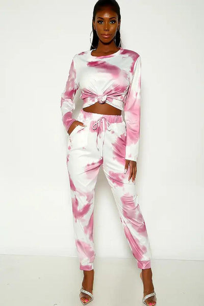 Pink Long Sleeve Tie Dye Two Piece Outfit - AMIClubwear