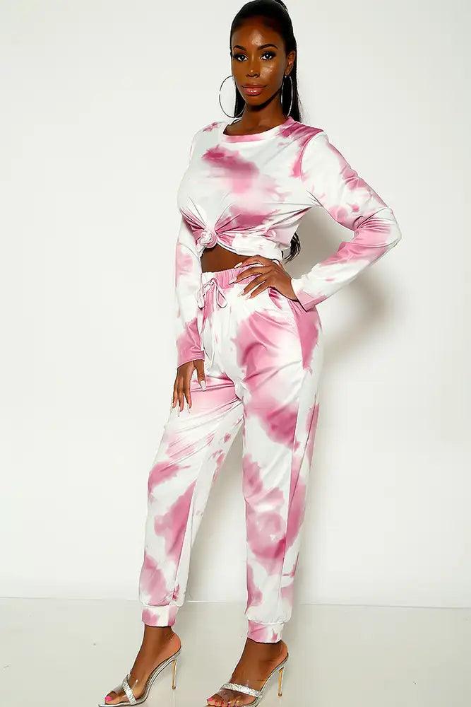Pink Long Sleeve Tie Dye Two Piece Outfit - AMIClubwear
