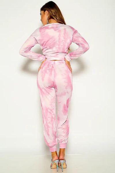 Pink Long Sleeve Tie Dye Two Piece Outfit - AMIClubwear