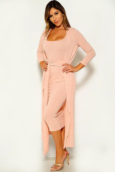 Pink Long Sleeve Two Piece Dress Cardigan Set - AMIClubwear