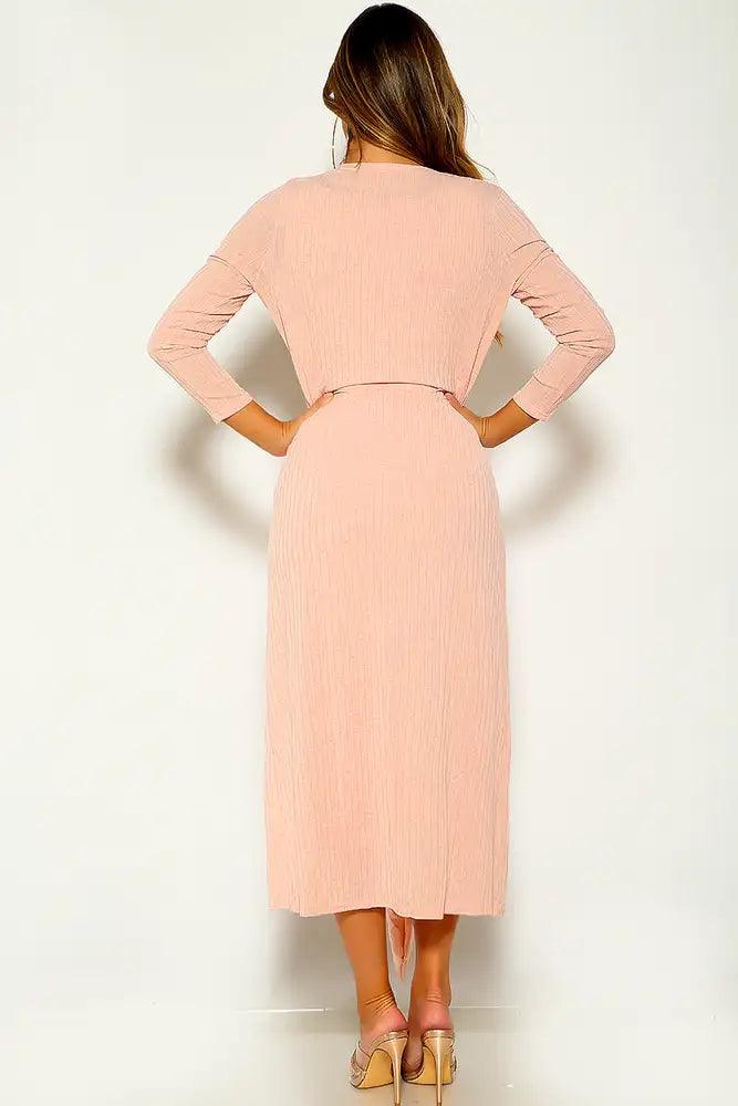 Pink Long Sleeve Two Piece Dress Cardigan Set - AMIClubwear