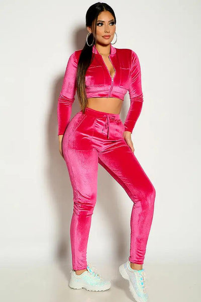 Pink Long Sleeve Velvet Cropped Two Piece Outfit - AMIClubwear