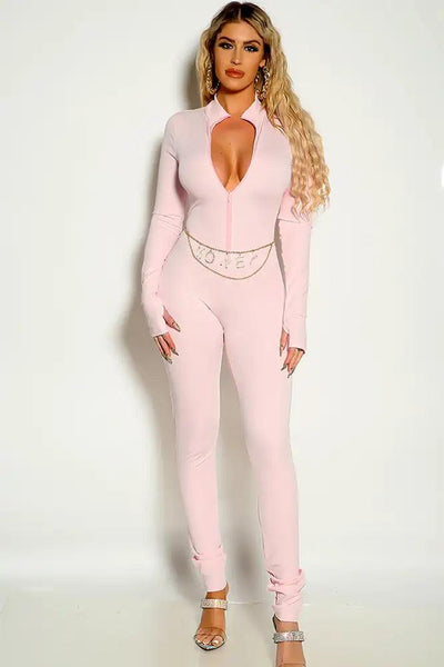 Pink Long Sleeve Zip Up Mock Neck  Fitted Jumpsuit - AMIClubwear