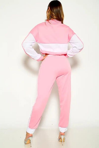 Pink Long Sleeve Zipper Two Piece Lounge Outfit - AMIClubwear