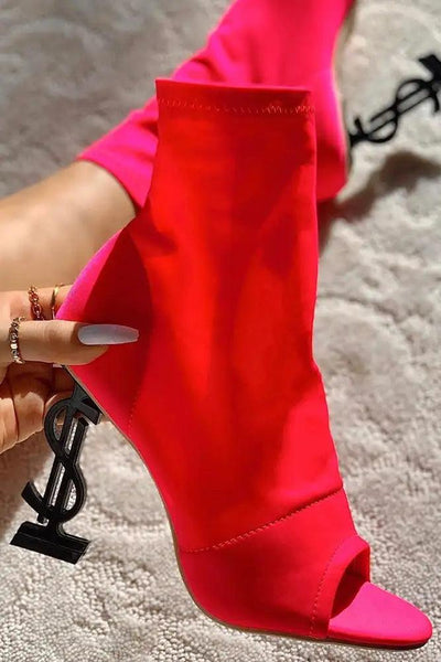 Pink Lycra Knit Monogram Peep Toe Booties - AMIClubwear