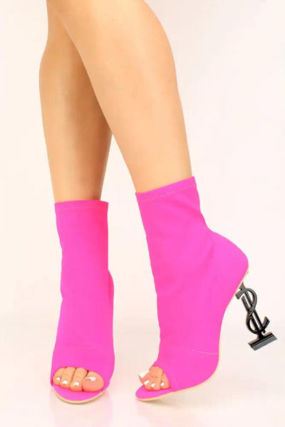Pink Lycra Knit Monogram Peep Toe Booties - AMIClubwear