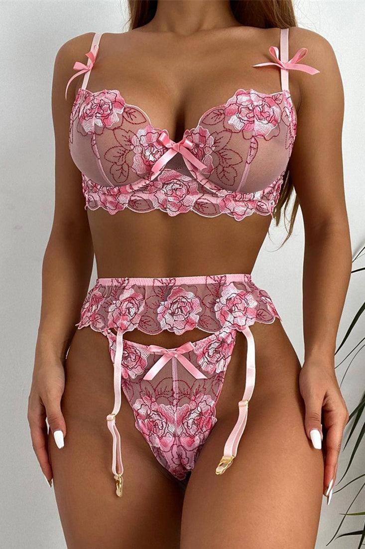 Pink Mesh Floral Embroidered Bow Detail Sexy Lingerie 3 Pc Set - AMIClubwear