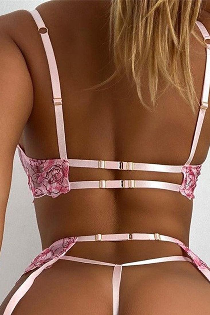 Pink Mesh Floral Embroidered Bow Detail Sexy Lingerie 3 Pc Set - AMIClubwear