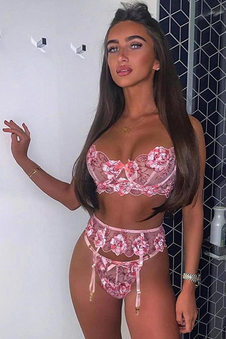 Pink Mesh Floral Embroidered Bow Detail Sexy Lingerie 3 Pc Set - AMIClubwear