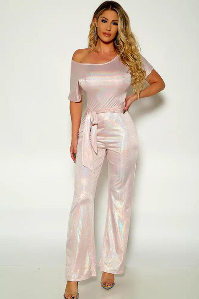 Pink Metallic Short Sleeve Belted Flared Jumpsuit - AMIClubwear