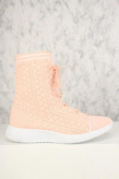 Pink Mid Calf Knitted Lace Up Casual Sneakers Flats - AMIClubwear