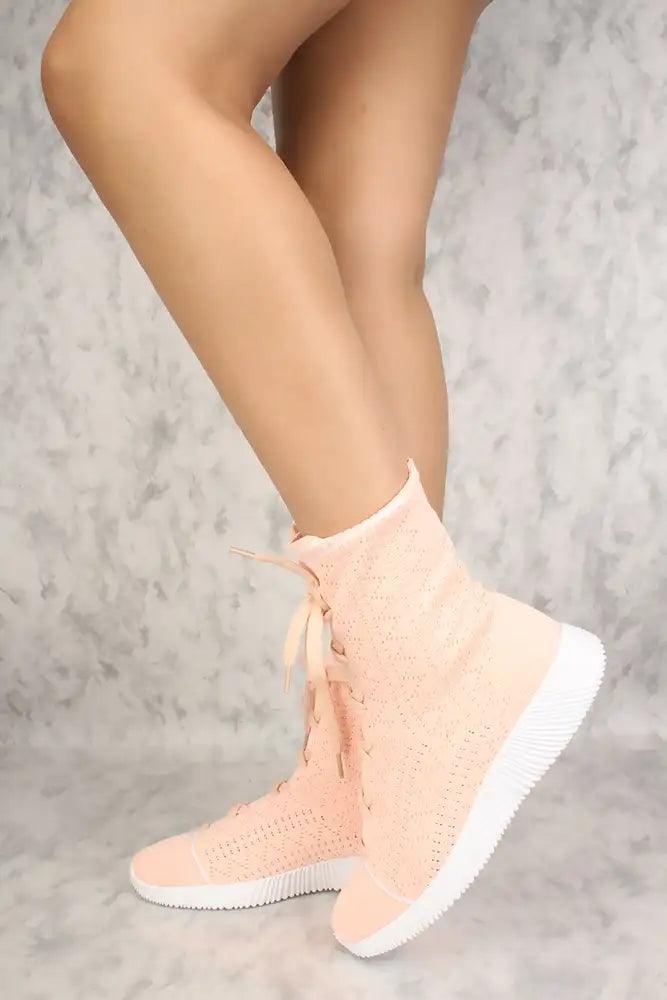 Pink Mid Calf Knitted Lace Up Casual Sneakers Flats - AMIClubwear