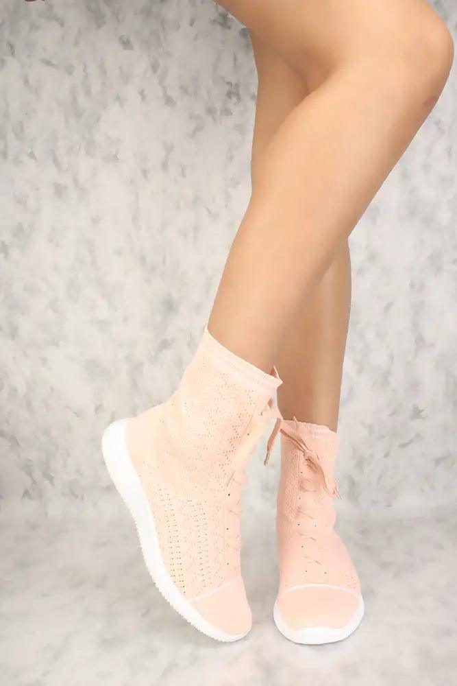 Pink Mid Calf Knitted Lace Up Casual Sneakers Flats - AMIClubwear