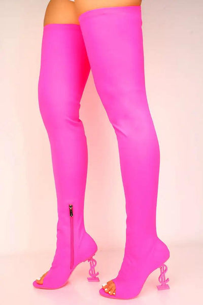 Pink Monogram Thigh High Lycra Boots - AMIClubwear