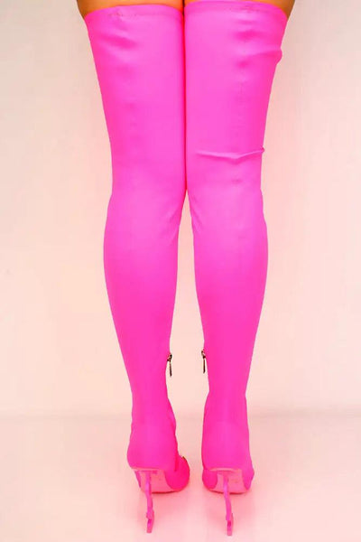 Pink Monogram Thigh High Lycra Boots - AMIClubwear
