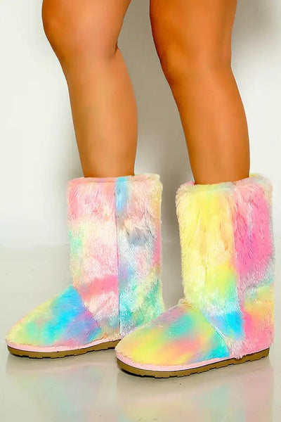 Pink Multi Faux Fur Slip On Cozy Boots - AMIClubwear