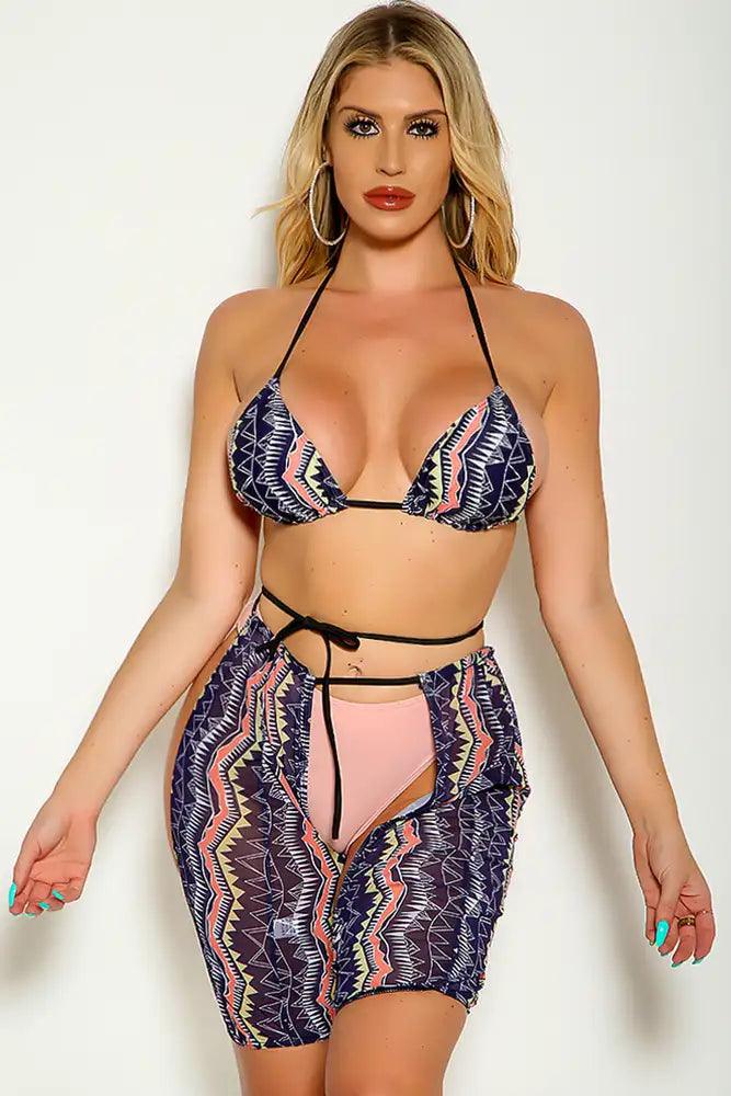 Pink Multi Halter Two Tone Mesh Cover Up Three Piece Sexy Swimsuit - AMIClubwear