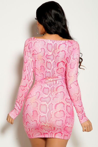 Pink Multi Long Sleeve Snake Print Ruched Triangle Top Two Piece Dress - AMIClubwear