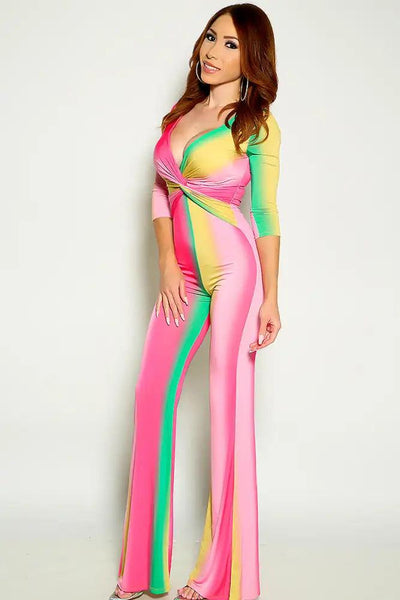 Pink Multi Quarter Sleeve Front Knot Flared Jumpsuit - AMIClubwear