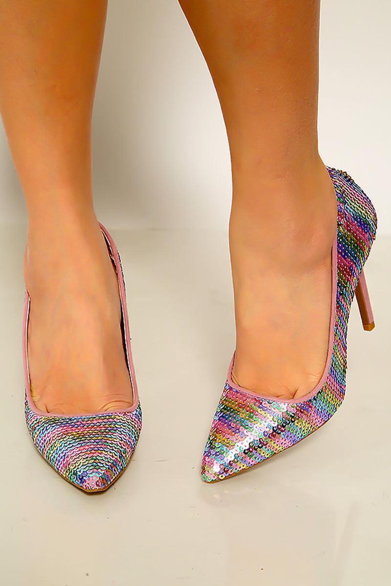 Pink Multi Sequin Pointed Toe Stiletto Heel - AMIClubwear