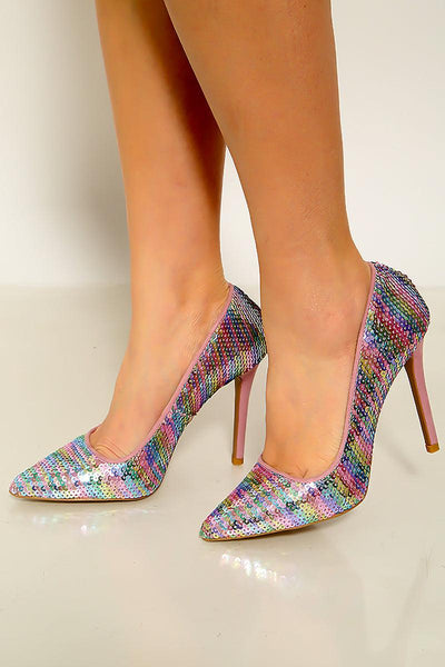 Pink Multi Sequin Pointed Toe Stiletto Heel - AMIClubwear