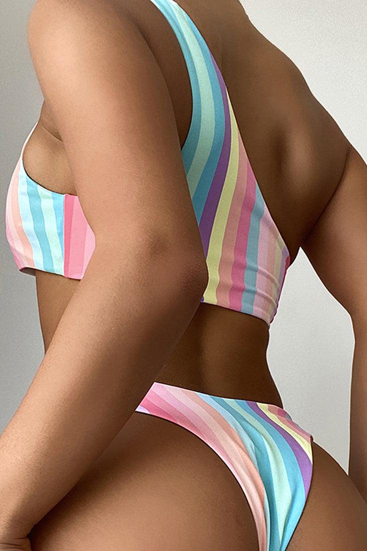 Pink Multi Striped One Shoulder Two Piece Sexy Swimsuit - AMIClubwear