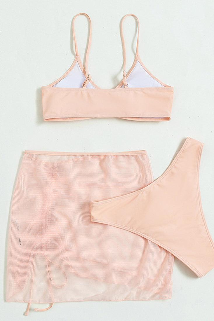 Pink O-Ring High Waisted 3 Pc Bikini With Sheer Cover Up Skirt - AMIClubwear